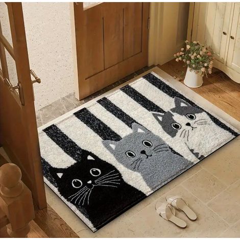 Tapis d'entrée 40×60 cm – Motif chat noir, gris et blanc – Antidérapant – Tapis décoratif pour cuisine, salle de bain et chambre (1/3)