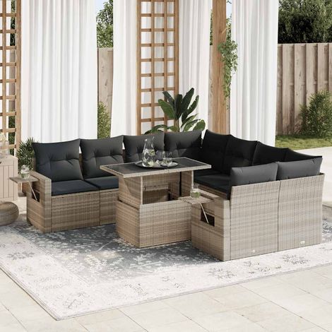 Set muebles jardín 9 pzas y cojines ratán sintético gris claro vidaXL (1/5)