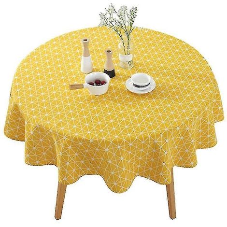 Nappe ronde jaune en coton et lin de 150 cm, avec dessous de plat décoratif. (1/5)
