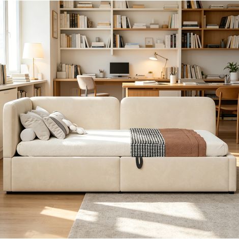 Cama canapé 90x200 cm con cabecero reversible, tapizada en terciopelo, color beige, sin colchón (1/5)