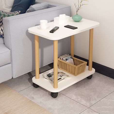 FIANAO – Beistelltisch – rechteckiger Nachttisch mit 2 Ablageebenen – 360° Rollen, stabil, einfache Montage, für Wohnzimmer & Schlafzimmer, 60 × 30 × 47 cm, Weiß (1/5)
