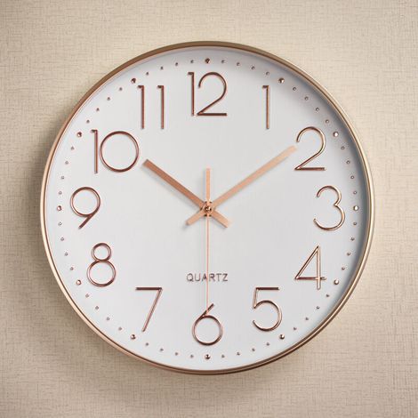 royaluxe -Horloge murale moderne silencieuse sans tic-tac Horloge murale ronde à quartz pour salon, cuisine, bureau (galvanoplastie or rose sur blanc 12 pouces/30 cm 4) (1/3)