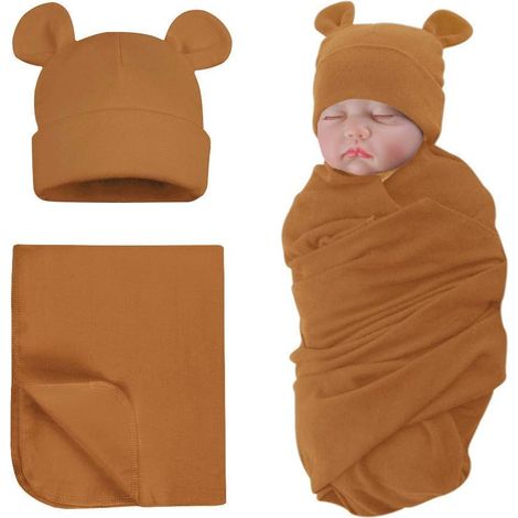 Couverture d'emmaillotage en coton avec bonnet bébé, motif ourson mignon, beige (1/5)
