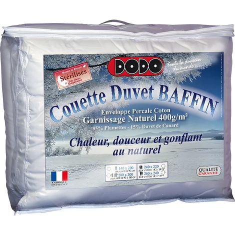 Dodo – Couette naturelle duvet 220x240 cm – Garnissage 15% duvet canard, 85% plumettes – Indice de chaleur chaude – Anti-moisissure, fabriqué en France