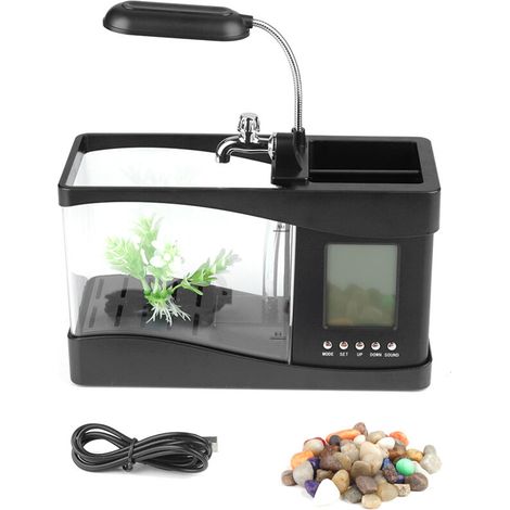 Mini Aquarium Rechargeable USB avec Horloge LED et Éclairage Coloré – Noir, Design Compact et Élégant pour Bureau ou Intérieur
