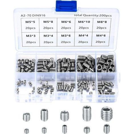 Vis Sans Tête en Acier Inox, M3 M4 M5 M6 M8 Vis à Métaux, Assortiment Kit de Fixations Vis Pointeau(200Pcs)- (1/4)