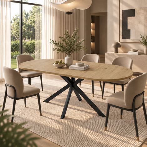 Table à Manger Extensible 120/160 x 80 cm, 4 à 6 Places, Plateau Ovale avec Rallonge Intégrée, Pieds en Métal - Bois (1/5)