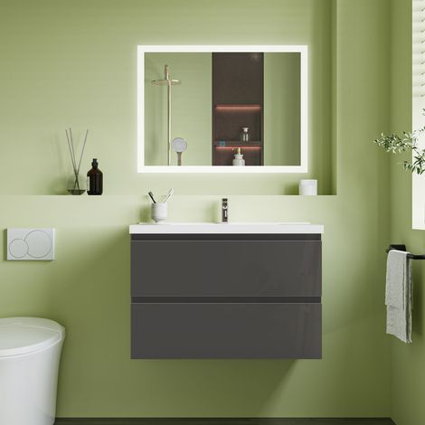 790x520mm Anthracite Wall-mounted Vanity Unit With Soft Close DrawersStorage SpaceCeramic Basin (1/5)