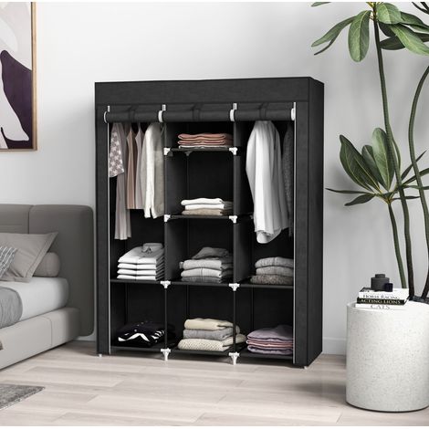 Armoire de rangement en tissu noir avec 8 étagères et 2 tringles, 125 x 43 x 162,5 cm (1/5)