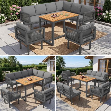 Conjunto de salón de jardín de 6 piezas, sofá esquinero con 2 sillones y mesa, estructura de acero resistente a la intemperie, diseño de tejido de cuerda, cojines de asiento en gris/beige, salón de ex (1/5)