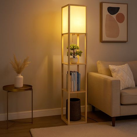 Lampadaire Lampe sur pied textile blanc Lampe en bois Lampe de salon debout, 1x douille E27, LxlxH 26x26x159 cm (1/5)