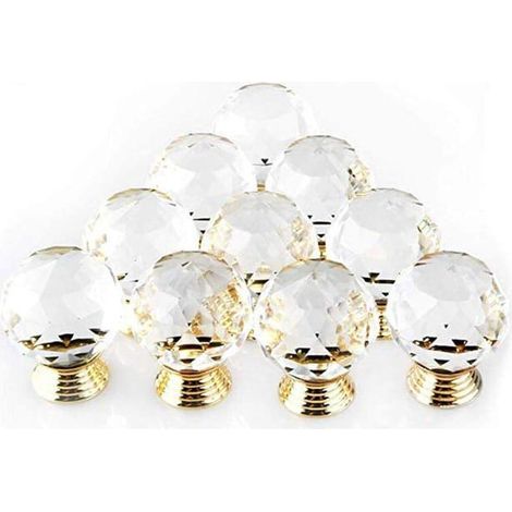 Lot de 10 Poignée Bouton de Porte forme Diamètre 30mm Cristal Or,Boutons d'armoire Mant Rond Verre Boutons Décoration pour Meuble Tiroir (1/4)