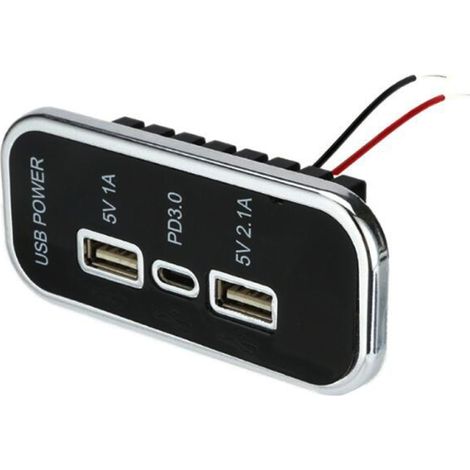 Adaptador de carga rápida con doble puerto USB y PD para coche, camión, autocaravana o barco (12-24V).