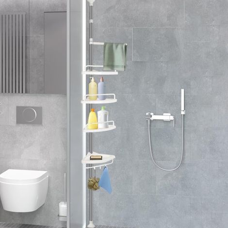 Étagère de Douche Réglable en Hauteur, 4 Niveaux, Étagère d'angle Télescopique, Hauteur, Rangement de Salle de Bain, Serviteur Extensible avec 4 Supports (254-304 cm (plastique) Blanc) (1/5)