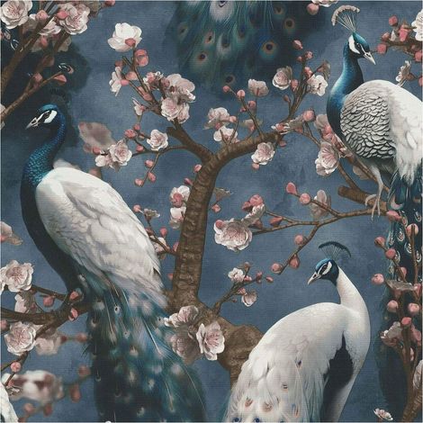 Peacock Vinyl Wallpaper Navy Blue Floral Birds Textured Modern Feature Wall (1/4)