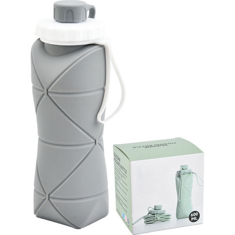 Gourde Pliable 600ml Silicone Alimentaire Large Ouverture Bouteille Enfant Sécurisée Camping Voyage Sport Gris Clair (1/5)
