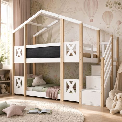 Kinder-Hochbett 90 x 200 cm mit Aufbewahrungstreppe und Tafel, weiß und Holz HAVRYA (1/5)