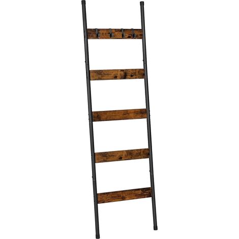 Towel Rack on Stand, 5 Tier Ladder with 4 Hooks, Blanket Holder, Duvet Holder, Wall Shelf with Storage Shelf, for Blankets, Rustic Brown and Black (1/5)