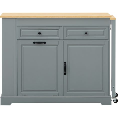 Îlot de cuisine mobile gris avec plan de travail extensible, rangement avec tiroirs et compartiment poubelle (1/5)