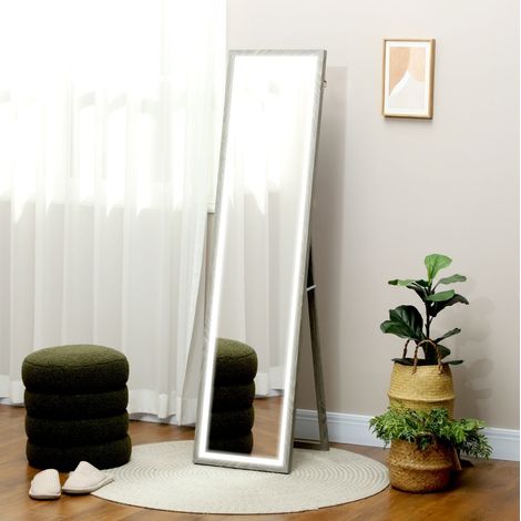 Specchio LED da terra 40 x 160 cm, 3 colori di luce, cornice MDF grigia, touch
