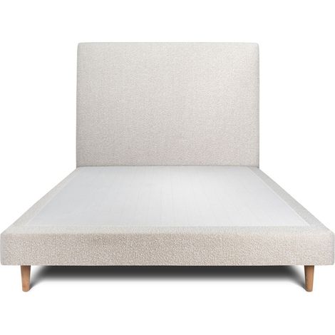 Lit 135x190cm avec tête de lit tapissier bouclette et sommier tapissier beige - Hauteur totale : 29cm (1/5)