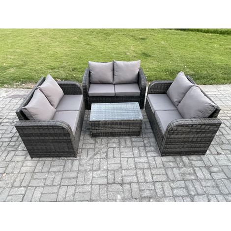 Fimous Outdoor Garden Furniture Sets 6 Seater Wicker Rattan Furniture Sofa Sets with Rectangular Coffee Table Love Sofa Dark Grey Mixed (1/4)