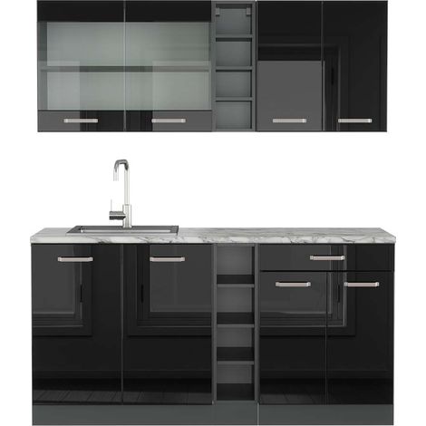 Cocina versátil R-Line, Negro/antracita de alto brillo, 160 cm , ET Mármol, Vicco