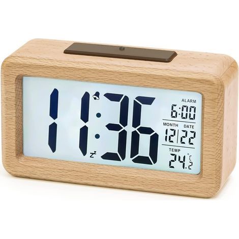 Réveil Numérique en Bois, Réveil LCD Horloge Digitale sans Tic-tac avec Affichage Date, Température, Fonction Snooze, Horloge Numérique Alimenté par Batterie (1/5)
