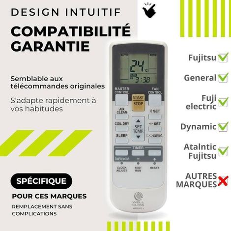 Télécommande compatible avec les climatiseurs Fujitsu et génériques, conception originale, fonctions avancées, jusqu'à 4 vitesses de ventilation, prête à l'emploi en quelques secondes (1/5)