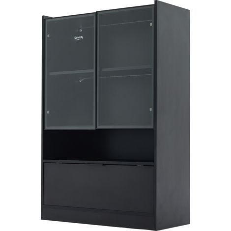 Vitrine LED moderne noire mate de 120 cm de hauteur avec éclairage LED via application, vitrine en verre sur pied éclairée, meuble de salon avec portes vitrées et porte abattante, meuble d'exposition 