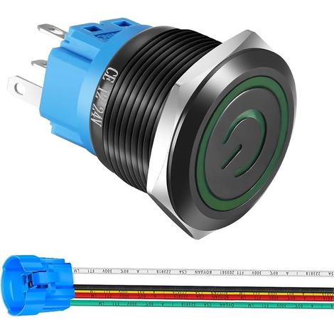 Gebildet Interrupteur à Bouton-Poussoir à Verrouillage en Acier Inoxydable 22mm 12V-24V/5A Symbole Dalimentation 1NO1NC SPDT Interrupteur à Bascule Etanche avec Prise de Fil (LED Vert/Coque Noire)