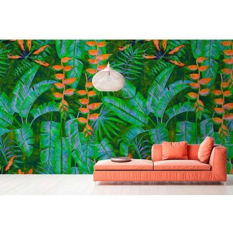 Papier peint panoramique exotique pour chambre Tapisserie panoramique tropicale verte et orange Papier peint panoramique feuillage jungle (1/3)