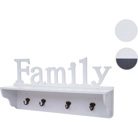 Garderobe murale HWC-D41 Family, planche vestiaire, étagère, 4 crochets massifs 30x60x13cm - noir/blanc (1/5)