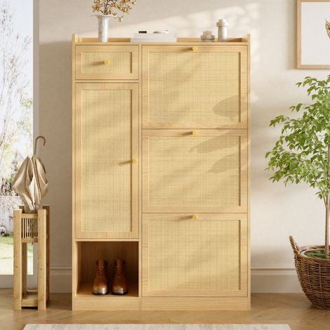 Meuble à chaussures 3 abattants 80,5x25x125 cm, avec 1 porte, 1 tiroir et niche ouverte, façades effet cannage, panneaux de particules, naturel (1/5)