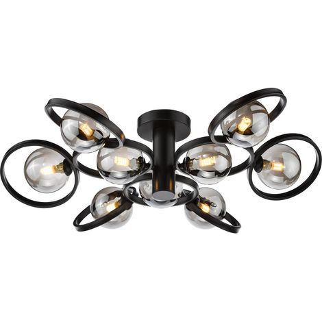 Dar Lynette Plafonnier semi-encastré Lynette 9 lumières, noir satiné et verre fumé