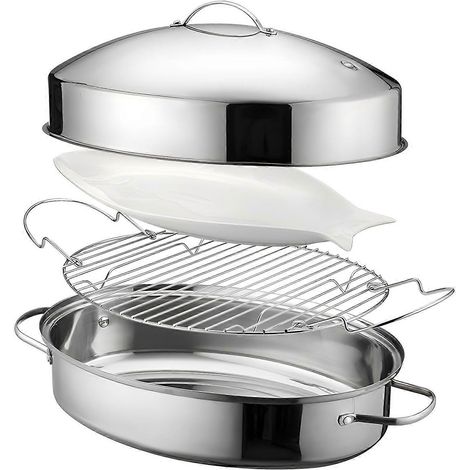 Poêle à frire en acier inoxydable avec support Accessoires Poêle ovale à dinde avec grille et couvercle Multicolore (1/5)