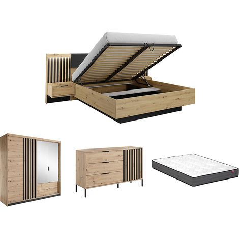 Ensemble lit coffre avec chevets 160 x 200 cm + Matelas + Commode + Armoire - Coloris : Naturel et noir - ARIADA (1/5)