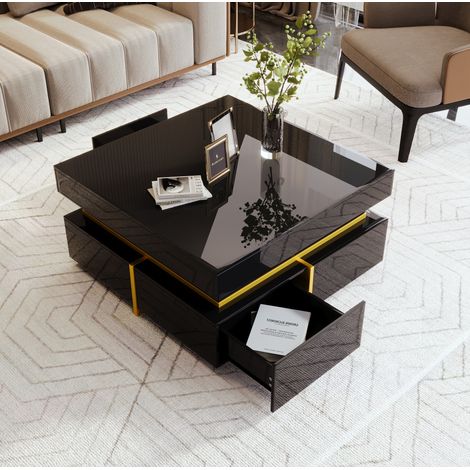Table basse en panneaux de particules noir brillant 70 cm avec 2 tiroirs (1/5)