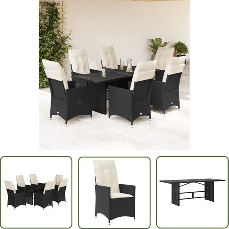 The Living Store 7-tlg. Garten-Essgruppe mit Kissen Schwarz Poly Rattan - Gartenset - Outdoor Möbel - Esstisch Set - Rattan Gartenmöbel - Lounge Gruppe (1/5)
