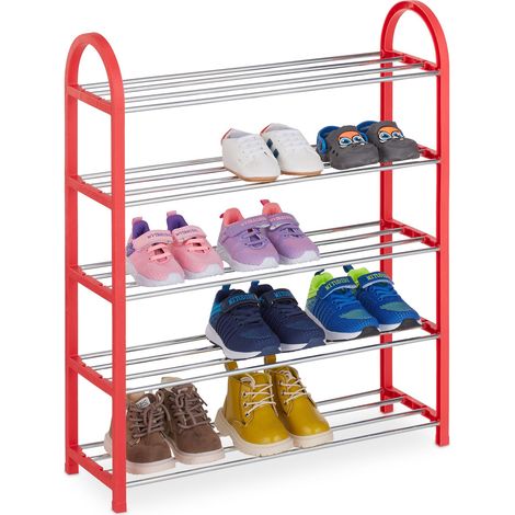 Relaxdays Schuhregal für Kinder, 15 Paar Kinderschuhe, bis Größe 30, offen, platzsparend, leicht, Schuhablage, rot