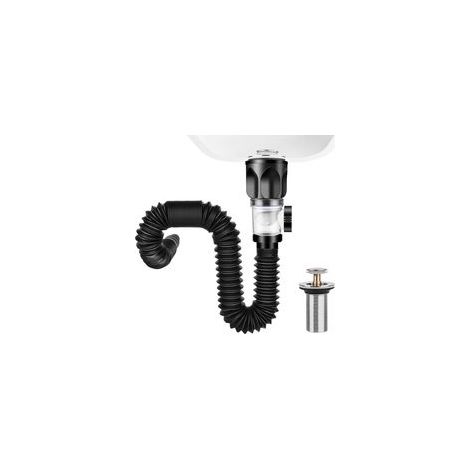 Bonde de Lavabo Set, Extensible de 300-1000 mm Siphon lavabo, Evacuation Evier avec Flexible Drain et Bouchon de Vidange de Filtre Escamotable, Pour la Salle de Bain, Cuisine (Noir)