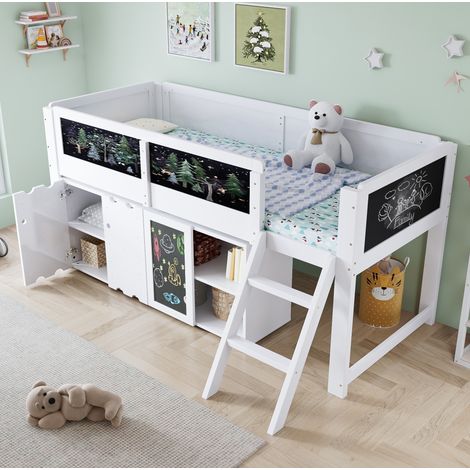 Letto a soppalco 90x200 cm bianco e nero in legno massello e MDF con armadio e lavagna (1/5)
