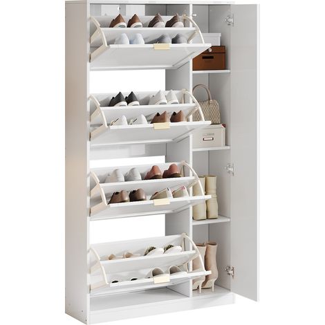 Scarpiera 80x24x147 cm, Anta a Specchio, 4 vani portaoggetti, Sicurezza Antiribaltamento, Legno Bianco, per Ingresso e Corridoio (1/5)