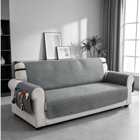 Housse de canapé 3 places 306x177 cm en polyester gris, avec rangement pour salon FloraGrace (1/5)