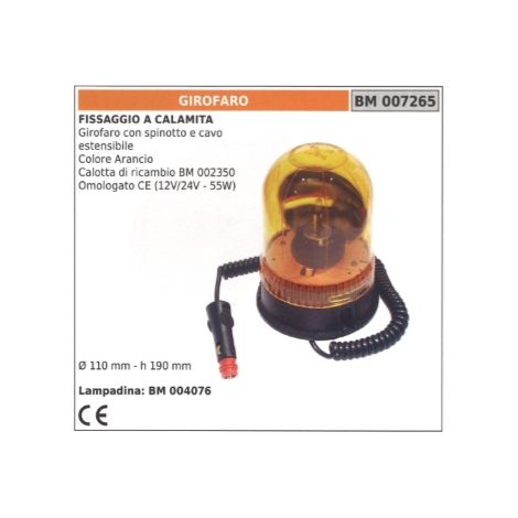 Girofaro colore arancio con spinotto e cavo estensibile 12V/24V - 55W Ø 110mm