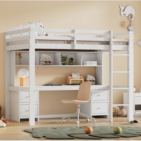 Lit mezzanine enfant 204/97/167 cm blanc en pin et MDF avec bureau et rangements (1/5)