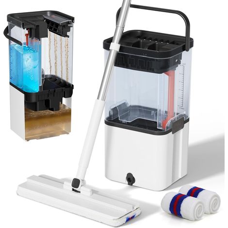 Balai Serpillère Plate Double Réservoir Eau Propre et Sale Manche INOX ajustable 135cm, 2 x microfibre lavables, tête 360°, usage humide/sec pour parquet, carrelage et pierre (1/5)