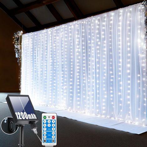 Rideau lumineux, 3 x 3 m, 300 LED, 8 modes, guirlande solaire, pour l'extérieur, alimentation USB, étanche IP65, avec télécommande, minuterie et fonctions de mémoire, blanc