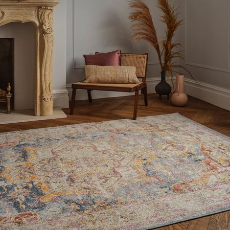 Flores Azin FR01 Traditional Bordered Elegant Medallion Rug in Multi Large 160x230 cm (5'3"x7'7")