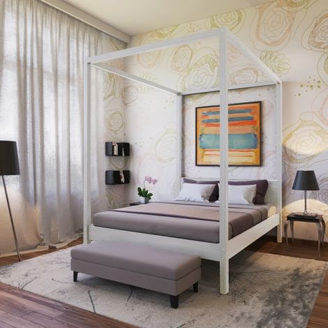 Le Quai Des Affaires – Lit double baldaquin 160x200 cm – Laqué blanc – Sapin massif – Dimensions 209x167x210 cm – À monter soi-même (1/4)